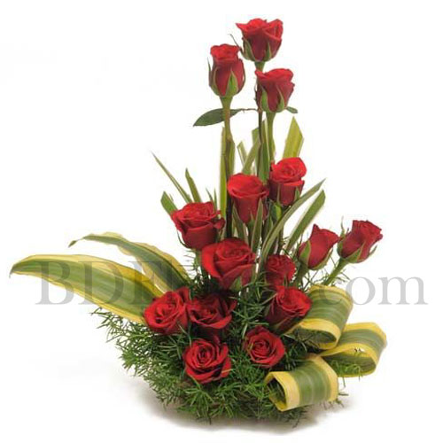 Send 15 pcs imported red roses in basket to Bangladesh