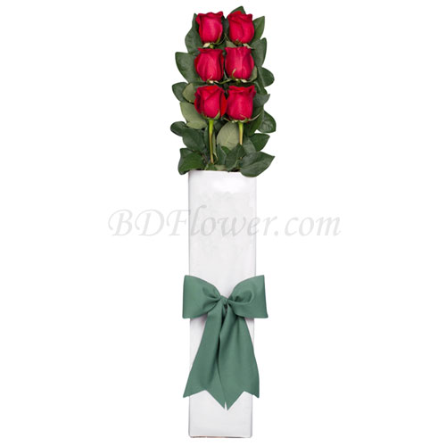 Send 6 pcs red roses in box to Bangladesh