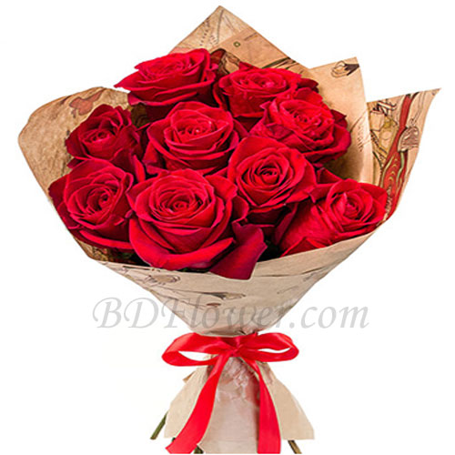 Send 9 pcs red roses in bouquet to Bangladesh