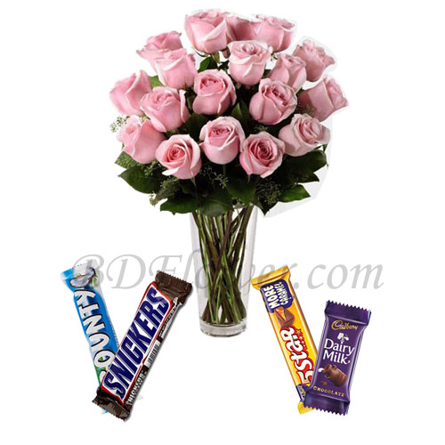 Send roses in vase with mix chocolates to Bangladesh